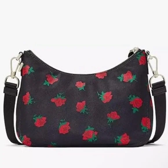 kate spade Black Floral Shoulder Bag with Red Rose Print and Pouch - Picture 5 of 8
